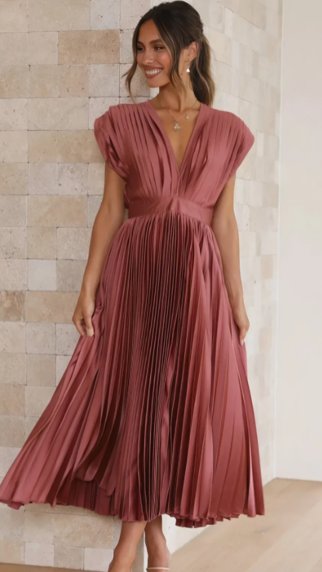 Amelisse – Pleated grace – V-neck midi dress-15151287763328-Santi Vento Atelier