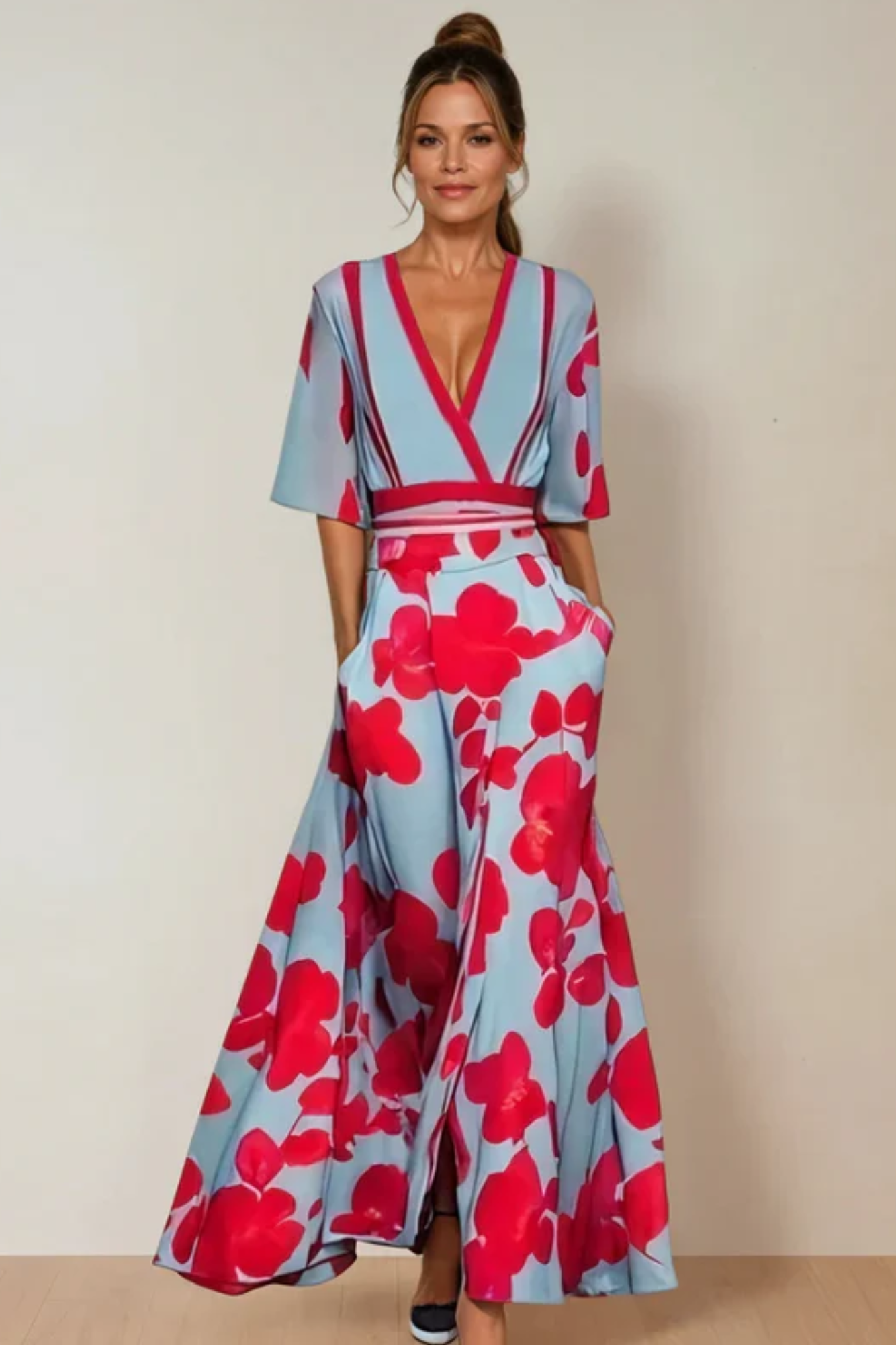 Averette – Bold floral contrast – V-neck maxi dress-15148418564480-Santi Vento Atelier