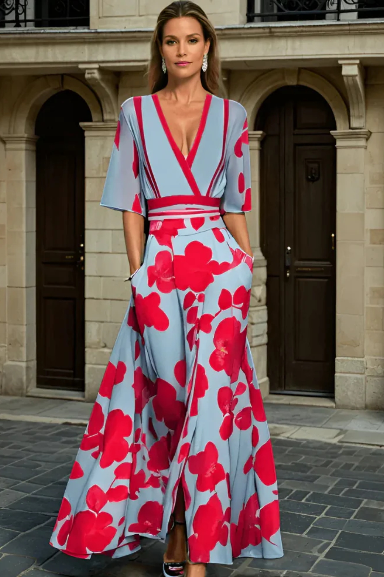 Averette – Bold floral contrast – V-neck maxi dress-15148418564480-Santi Vento Atelier
