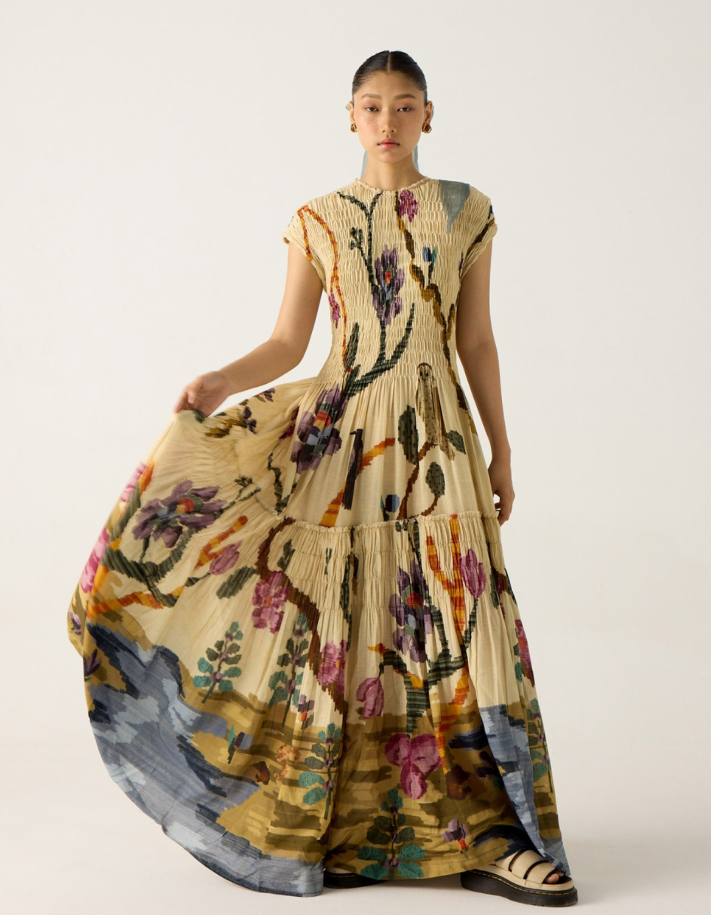 Averine – Painted pleat texture – Cap sleeve maxi dress-15173957943680-Santi Vento Atelier