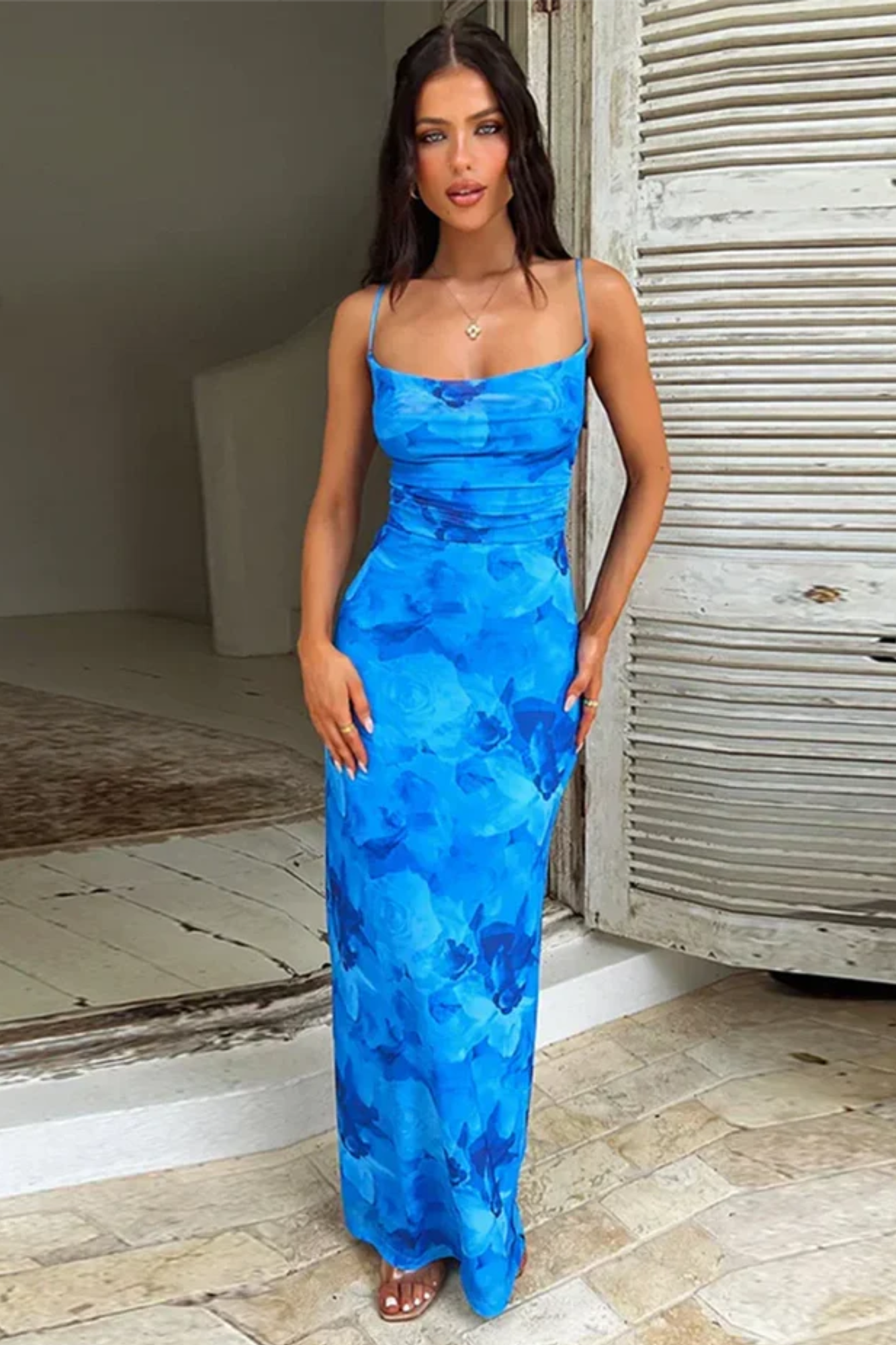Azéline – Sapphire bloom elegance – Cowl neck maxi dress-15148418302336-Santi Vento Atelier