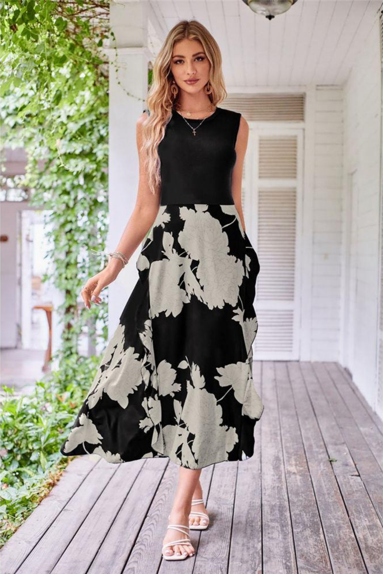 Calessia – Botanical print – Sleeveless midi dress-15170343403904-Santi Vento Atelier