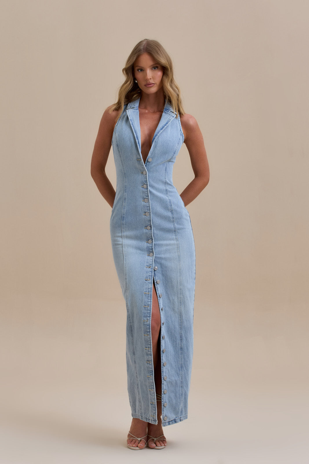 Calissane – Button-down stretch – Denim maxi dress-15162792083840-Santi Vento Atelier