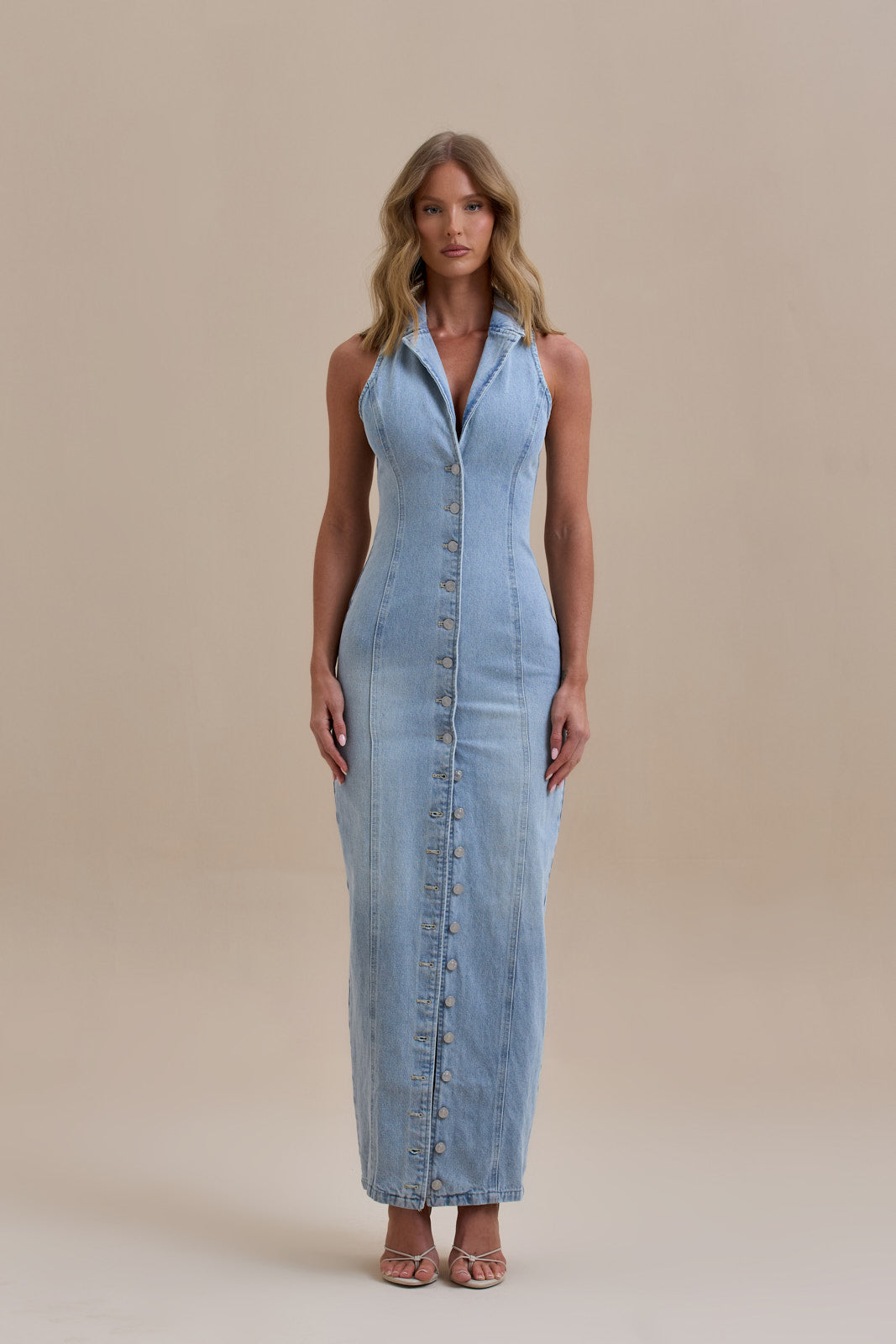 Calissane – Button-down stretch – Denim maxi dress-15162792083840-Santi Vento Atelier