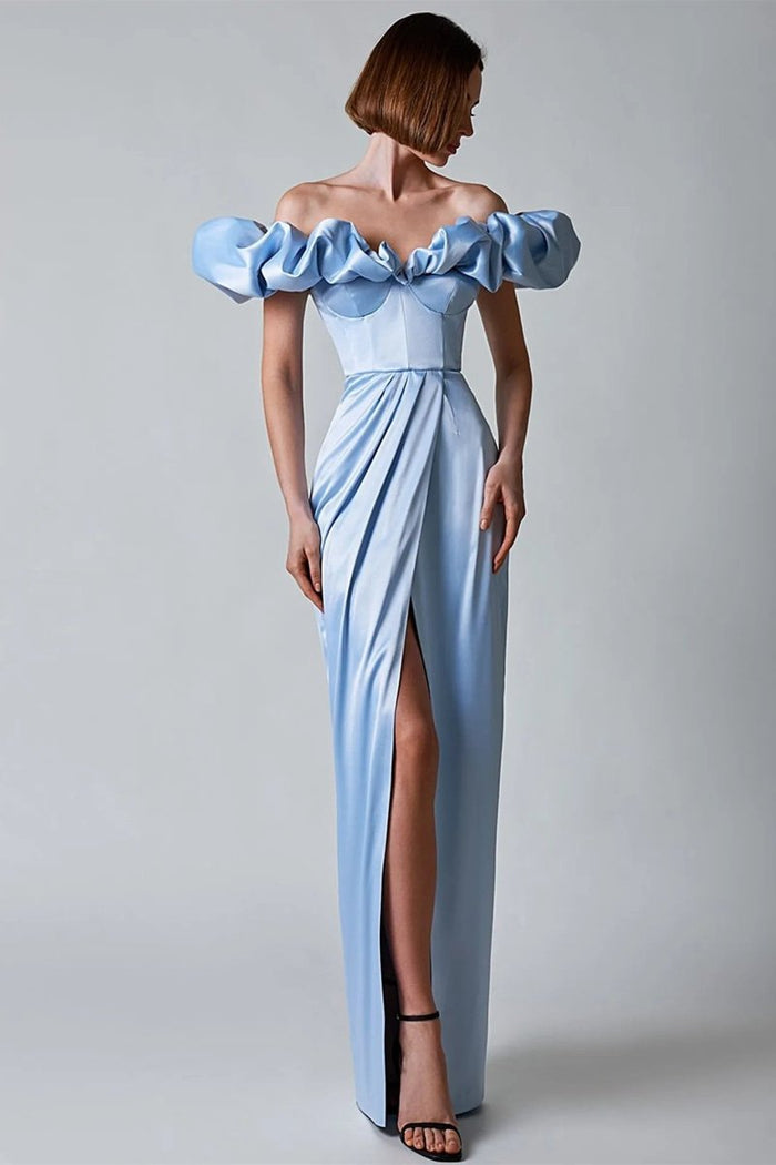Celestique – Ruffled neckline – Off-shoulder satin gown-15151284814208-Santi Vento Atelier