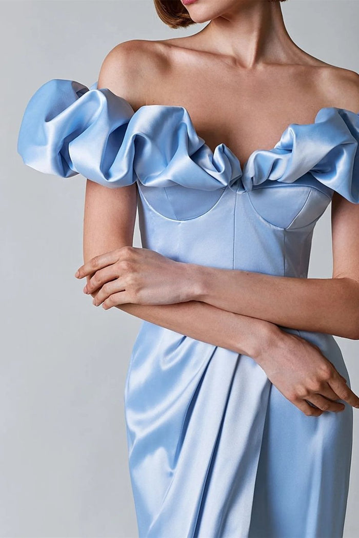 Celestique – Ruffled neckline – Off-shoulder satin gown-15151284814208-Santi Vento Atelier