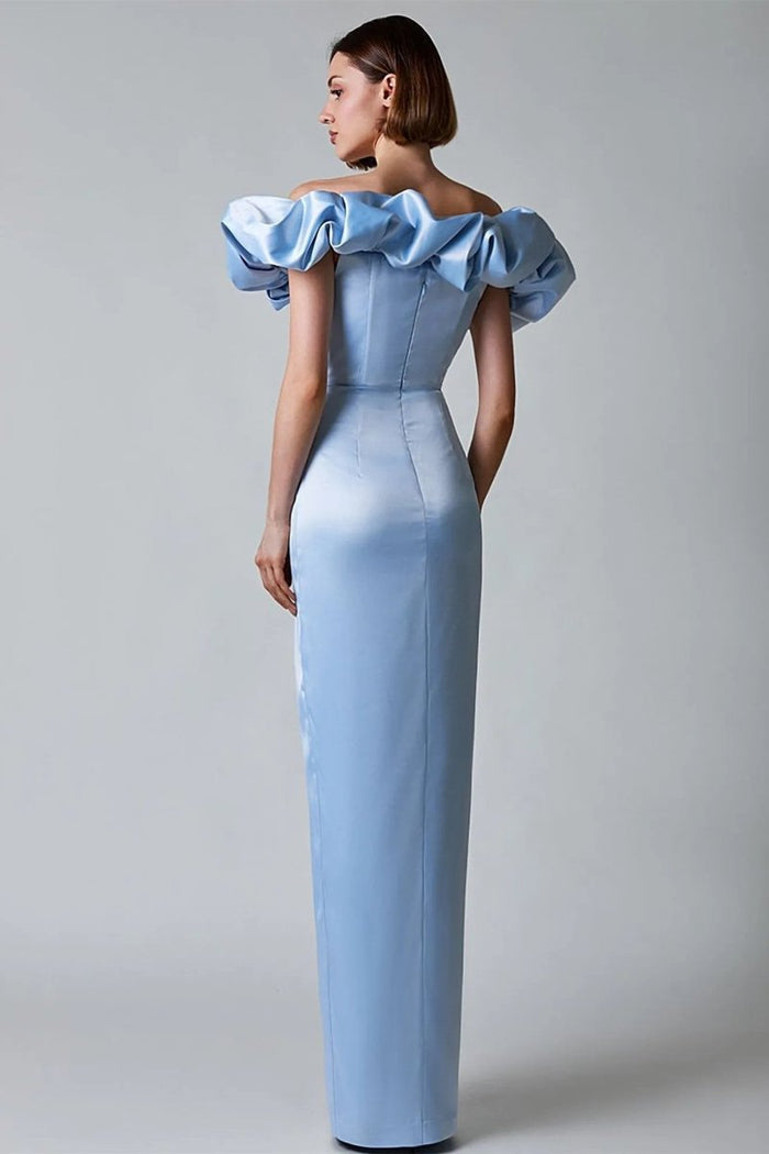 Celestique – Ruffled neckline – Off-shoulder satin gown-15151284814208-Santi Vento Atelier