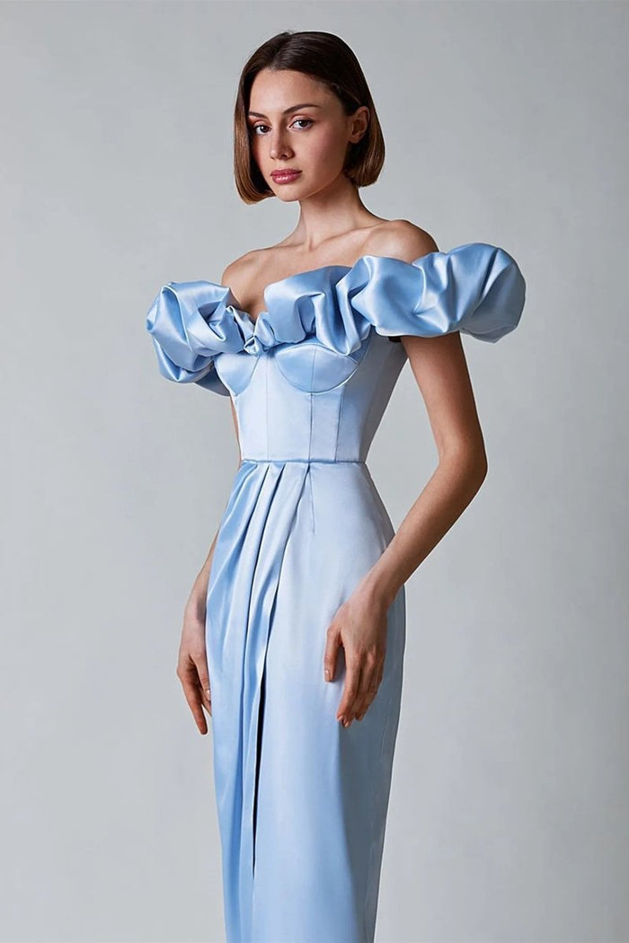 Celestique – Ruffled neckline – Off-shoulder satin gown-15151284814208-Santi Vento Atelier