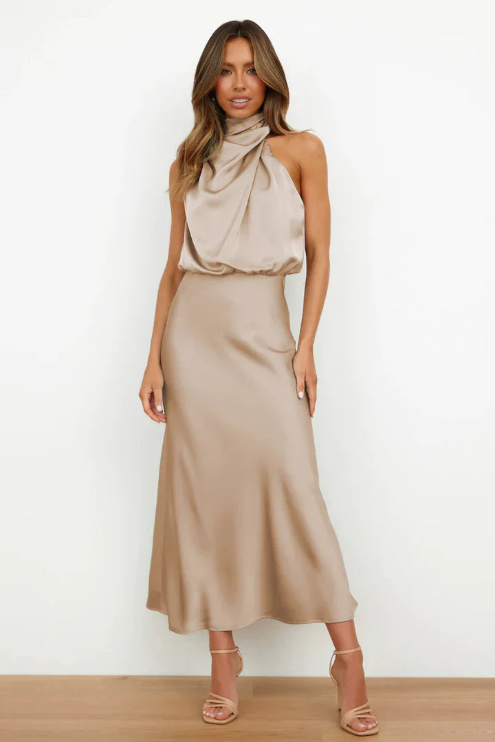 Daisy – Draped neckline – Satin midi dress-15150396932480-Santi Vento Atelier