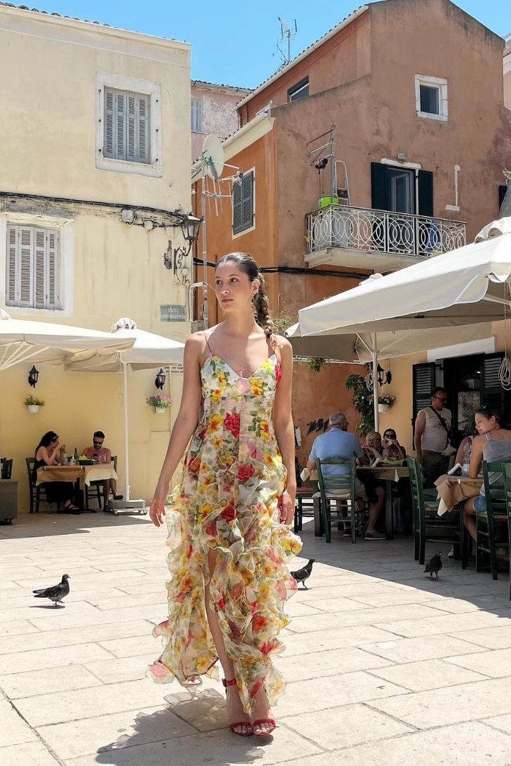 Floraviera – Ruffled high-slit – Floral mesh gown-15151283569024-Santi Vento Atelier