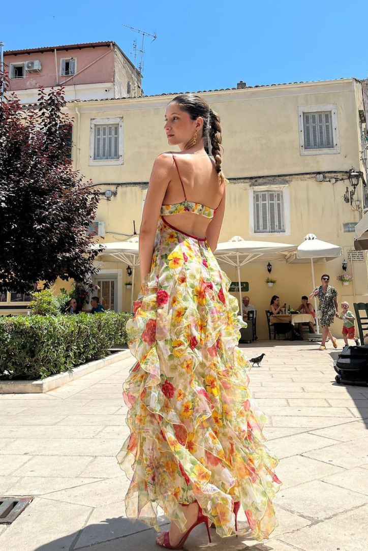 Floraviera – Ruffled high-slit – Floral mesh gown-15151283569024-Santi Vento Atelier