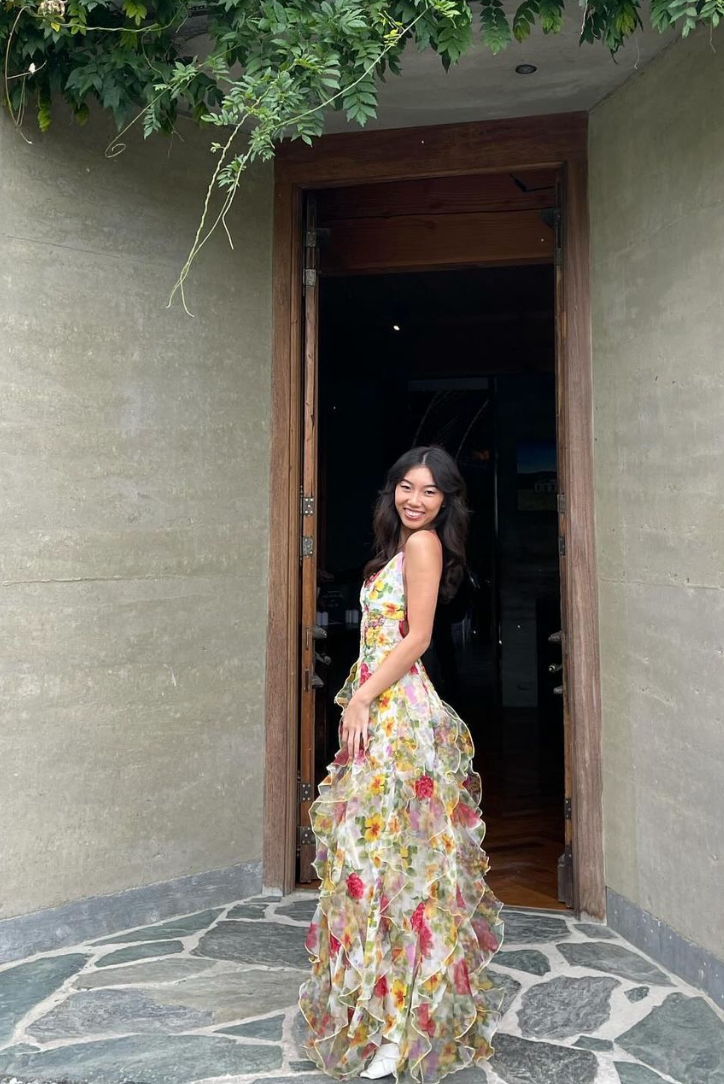 Floraviera – Ruffled high-slit – Floral mesh gown-15151283569024-Santi Vento Atelier