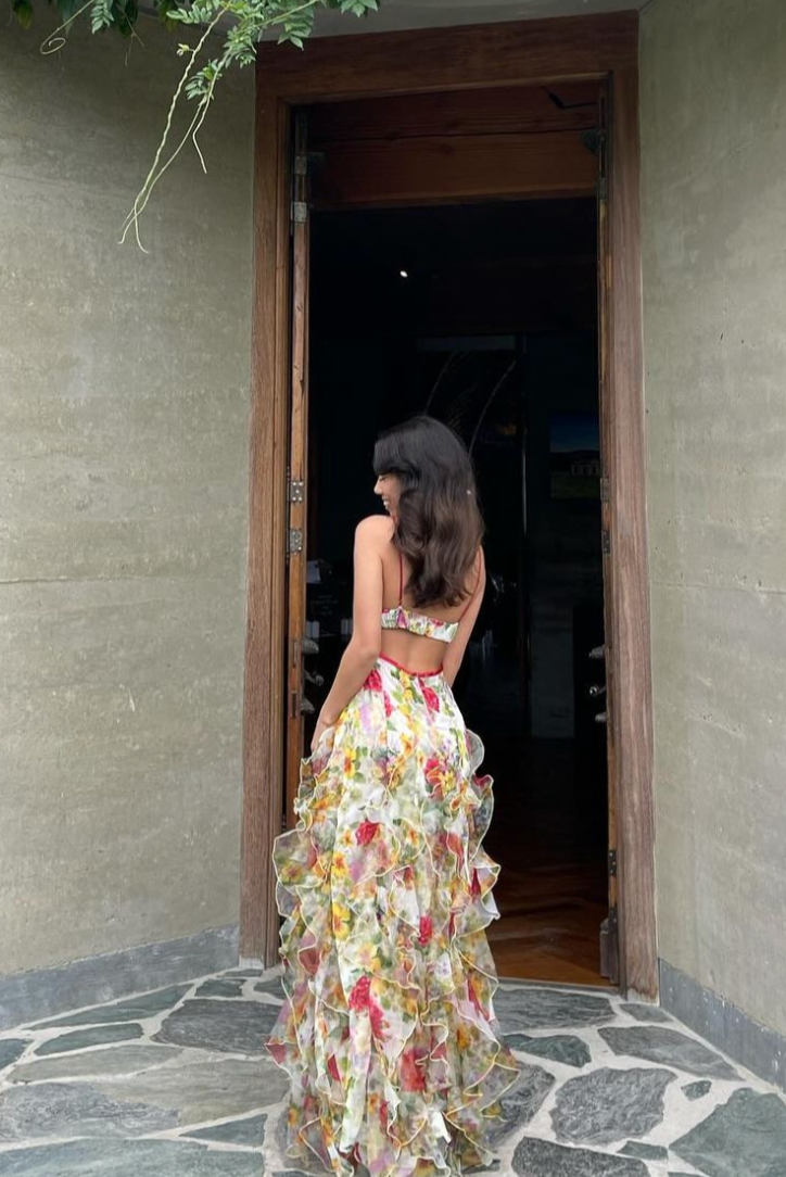 Floraviera – Ruffled high-slit – Floral mesh gown-15151283569024-Santi Vento Atelier