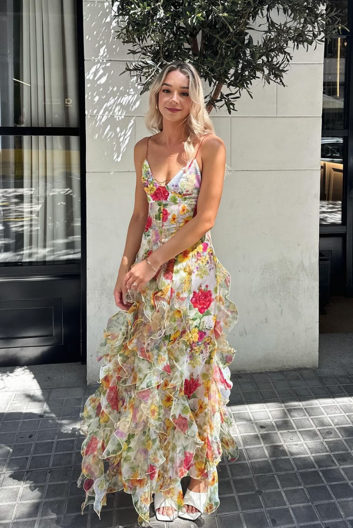 Floraviera – Ruffled high-slit – Floral mesh gown-15151283569024-Santi Vento Atelier