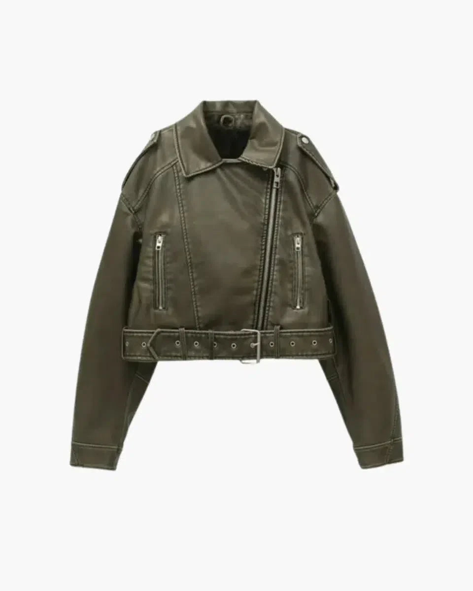 Isla – Cropped fitted design – Belted biker jacket-15137995555200-Santi Vento Atelier