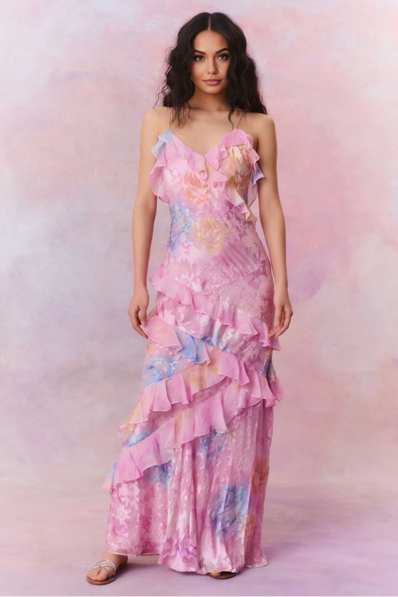 Jackelyn – Soft ruffle cascade – Sheer floral maxi dress-15148418367872-Santi Vento Atelier