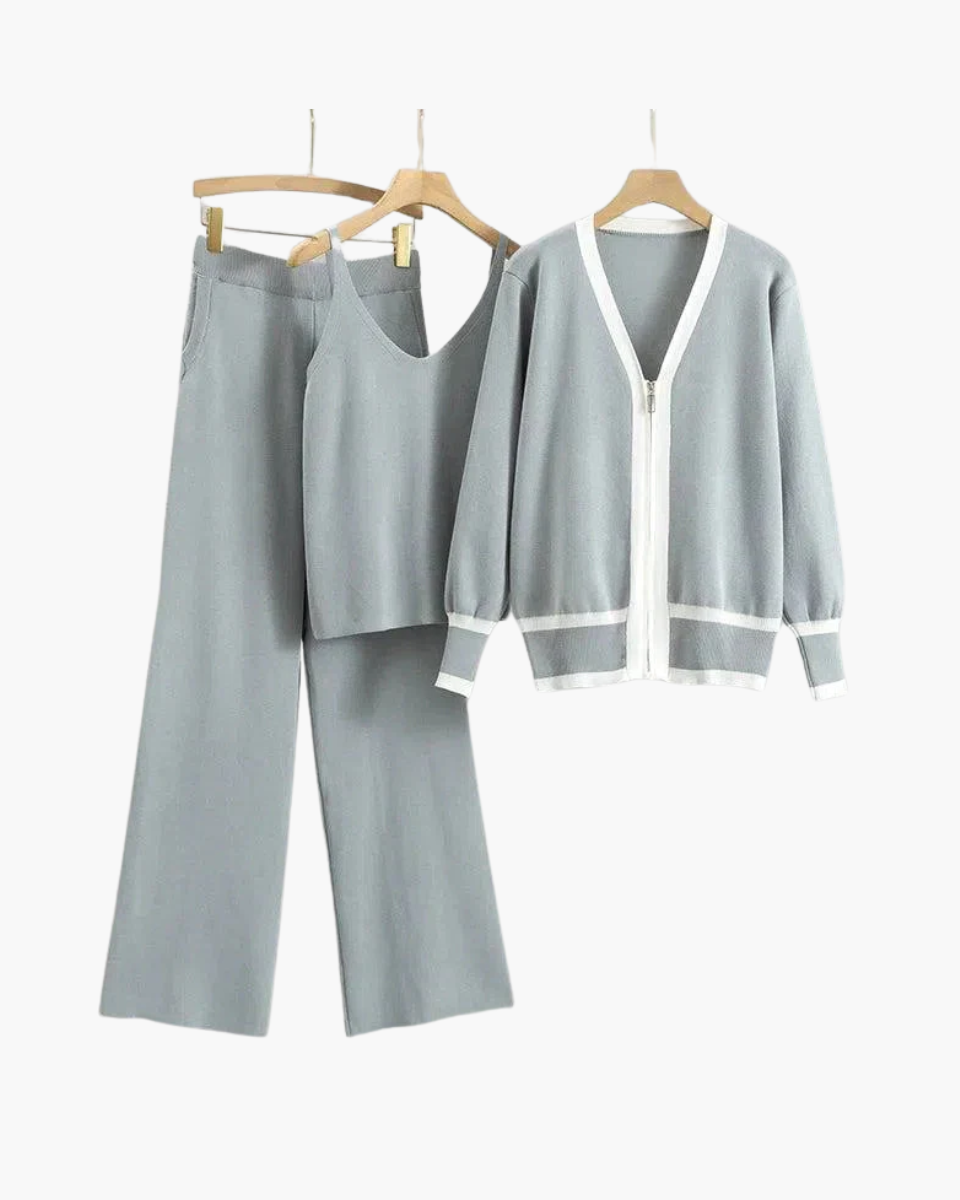 Marguerite – V-neck zip-up cardigan – Three-piece knit set-15140896211328-Santi Vento Atelier