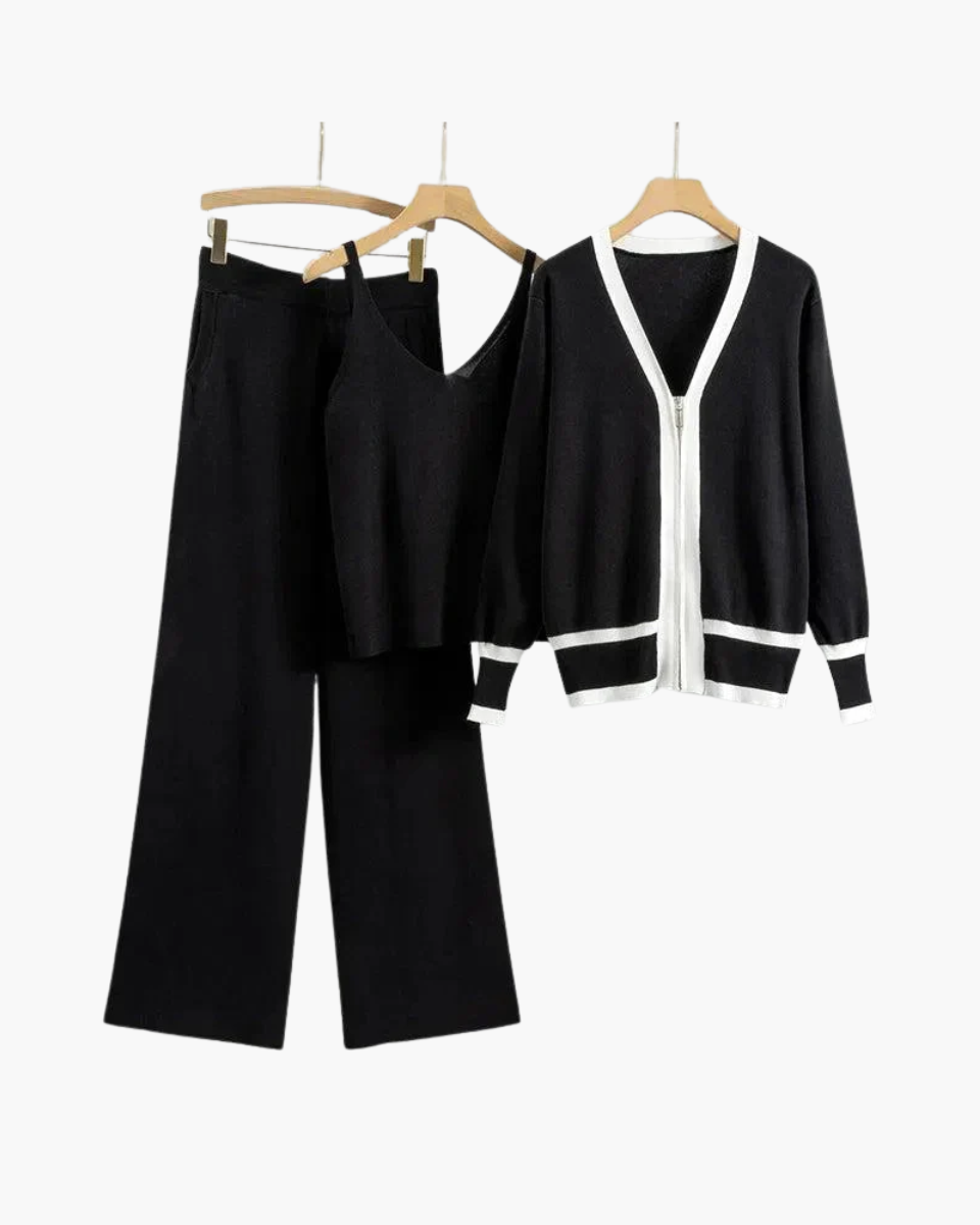 Marguerite – V-neck zip-up cardigan – Three-piece knit set-15140896211328-Santi Vento Atelier