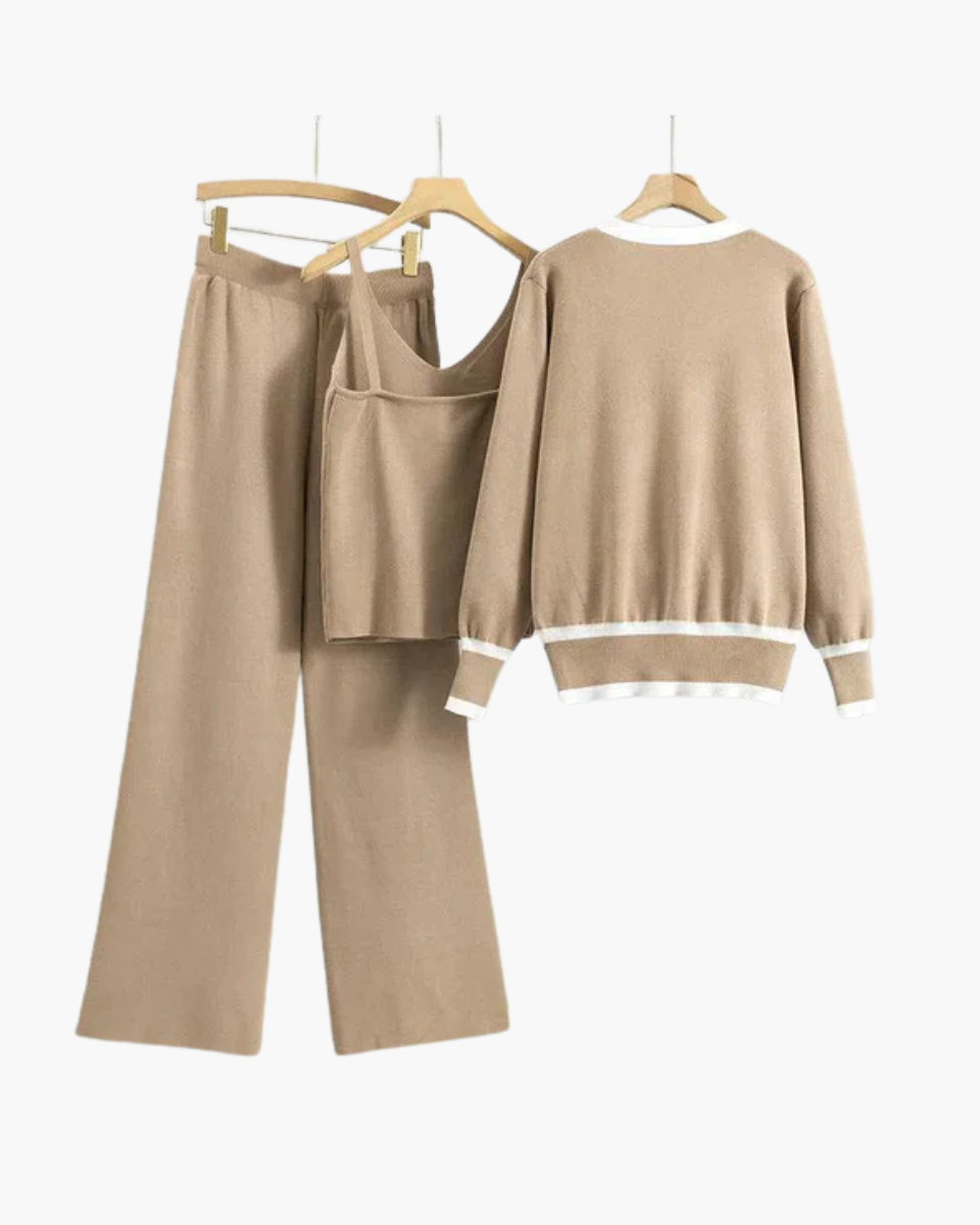 Marguerite – V-neck zip-up cardigan – Three-piece knit set-15140896211328-Santi Vento Atelier