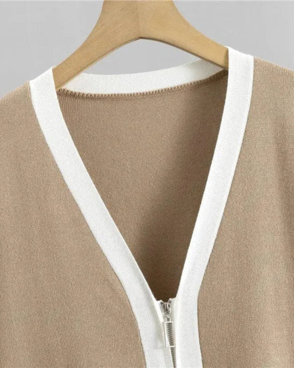 Marguerite – V-neck zip-up cardigan – Three-piece knit set-15140896211328-Santi Vento Atelier