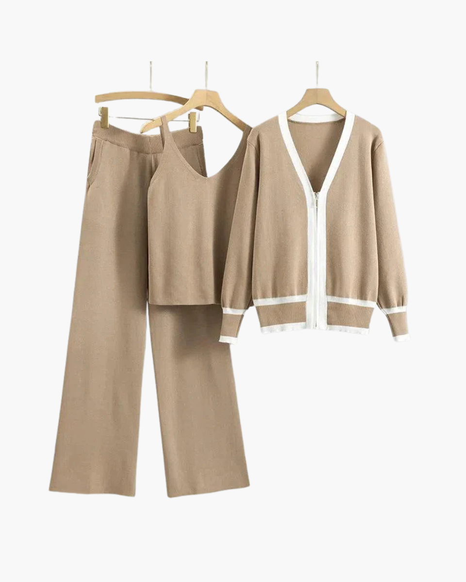 Marguerite – V-neck zip-up cardigan – Three-piece knit set-15140896211328-Santi Vento Atelier