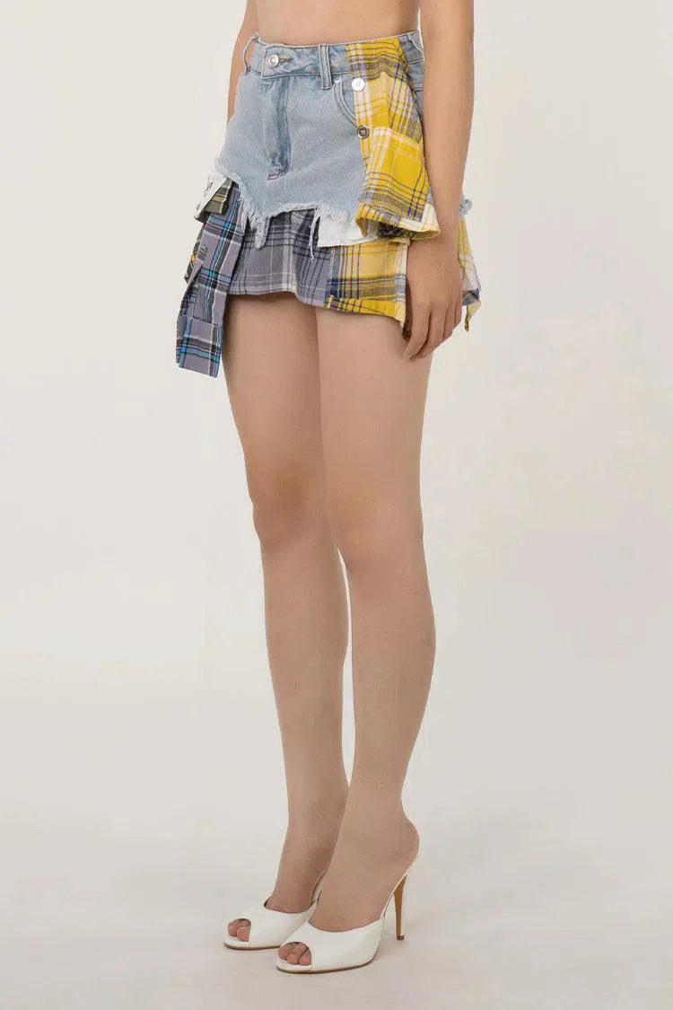 Monica – Plaid panels – Layered denim mini skirt-15140933009792-Santi Vento Atelier