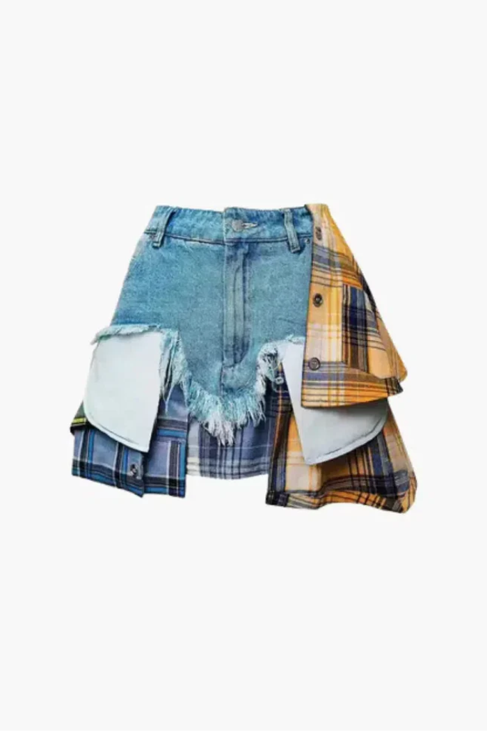Monica – Plaid panels – Layered denim mini skirt-15140933009792-Santi Vento Atelier