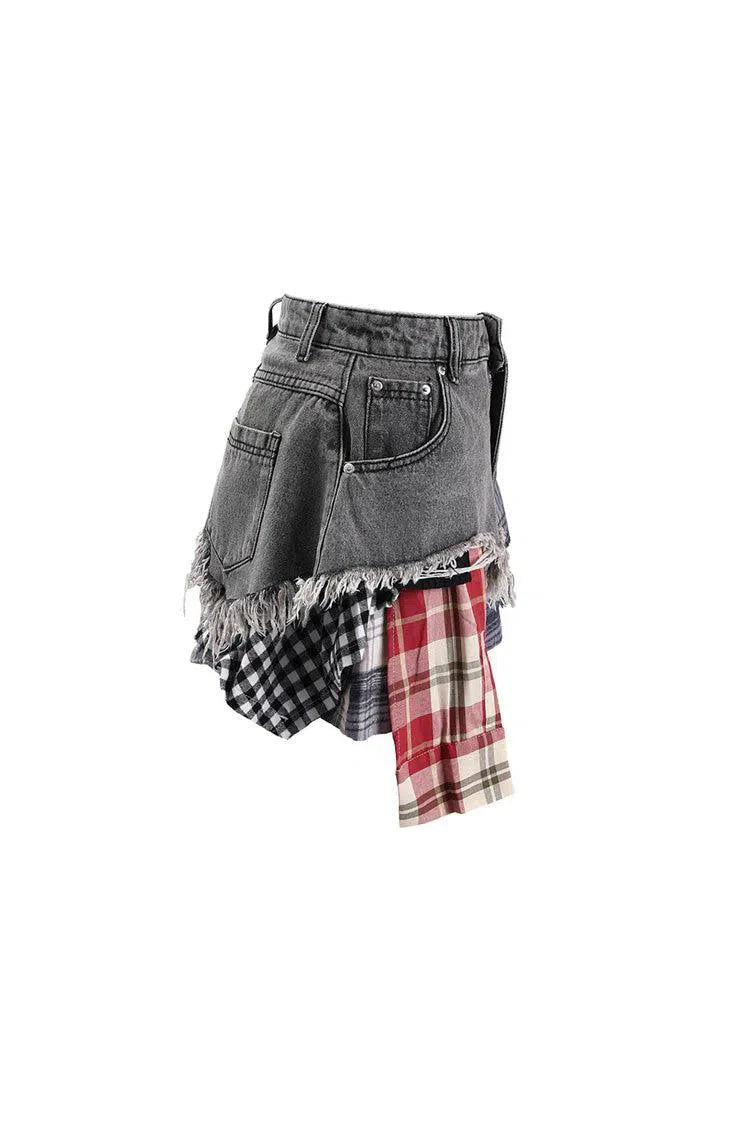 Monica – Plaid panels – Layered denim mini skirt-15140933009792-Santi Vento Atelier
