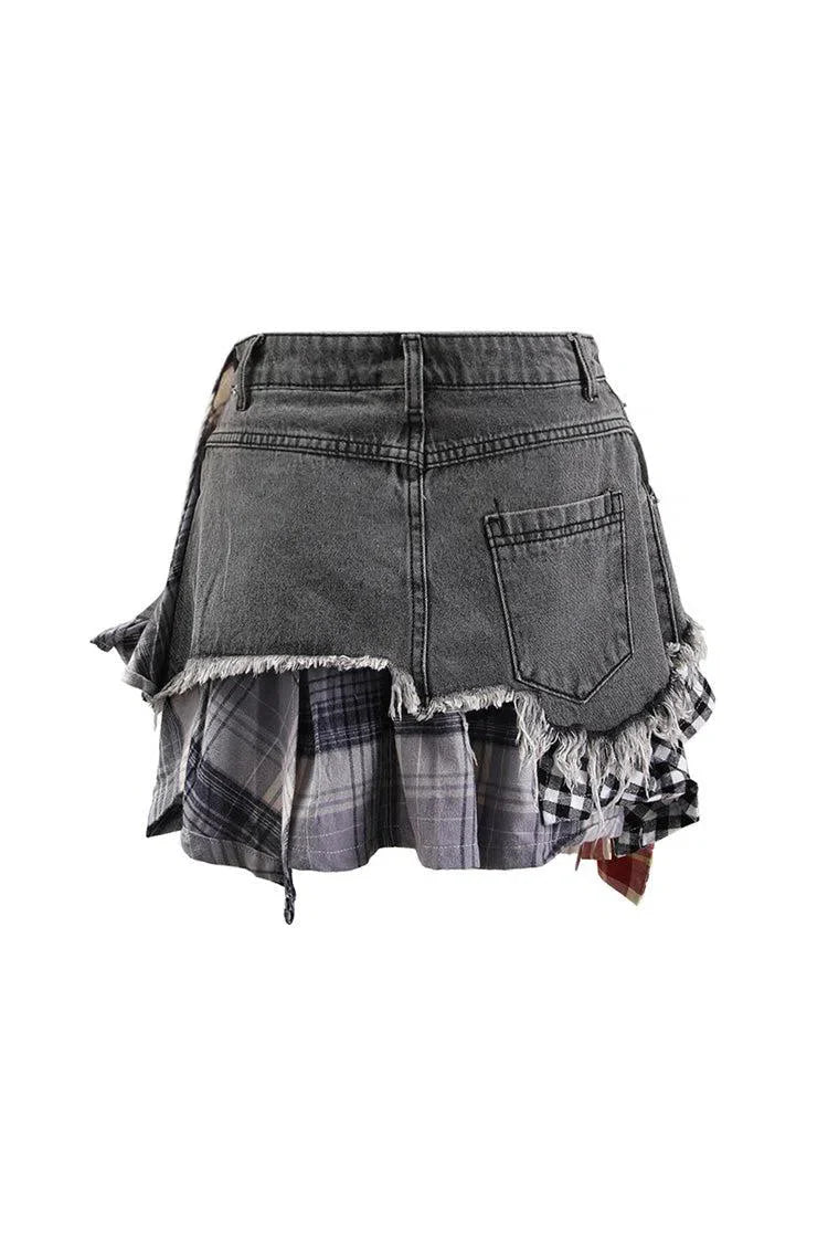 Monica – Plaid panels – Layered denim mini skirt-15140933009792-Santi Vento Atelier