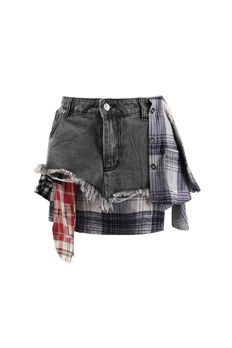 Monica – Plaid panels – Layered denim mini skirt-15140933009792-Santi Vento Atelier