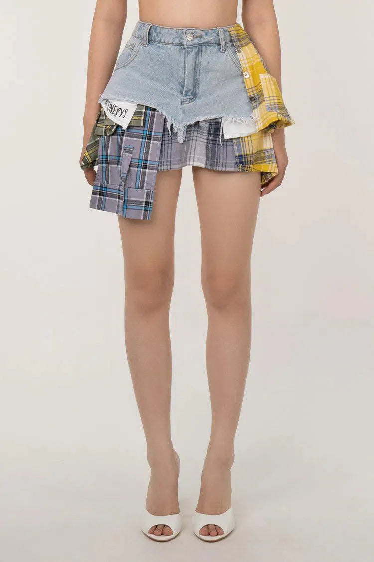 Monica – Plaid panels – Layered denim mini skirt-15140933009792-Santi Vento Atelier