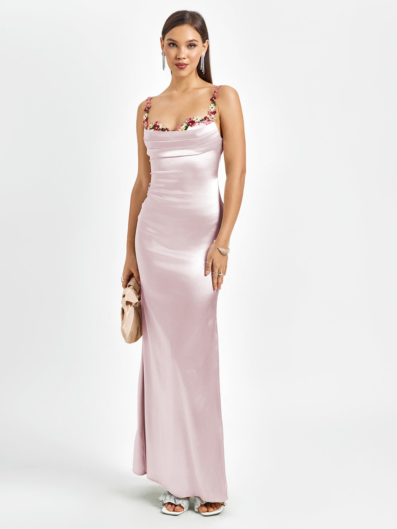 Solennea – Floral strap detail – Satin maxi dress-15146315022720-Santi Vento Atelier