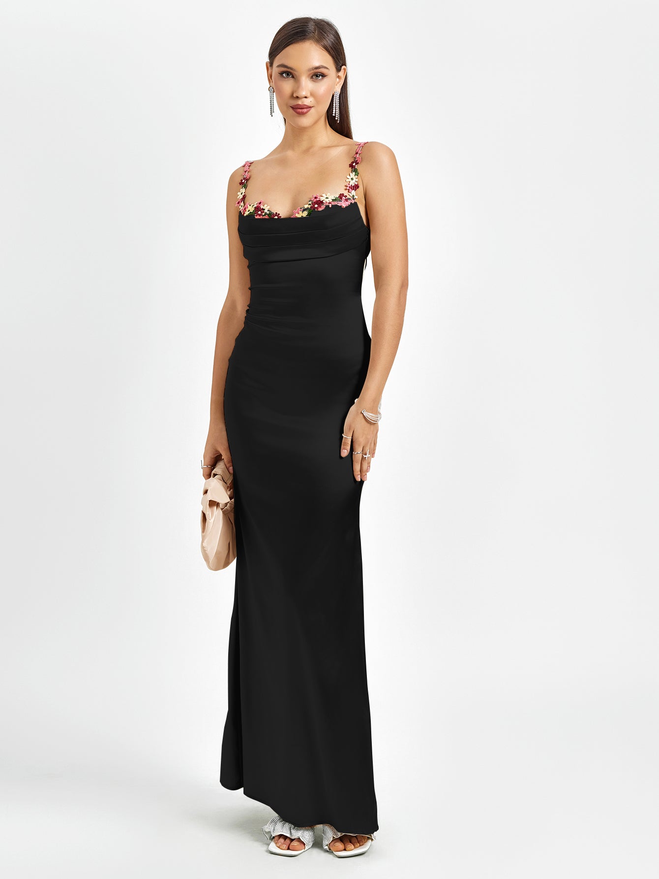Solennea – Floral strap detail – Satin maxi dress-15146315022720-Santi Vento Atelier