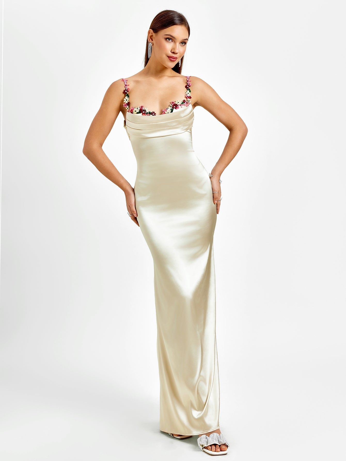 Solennea – Floral strap detail – Satin maxi dress-15146315022720-Santi Vento Atelier