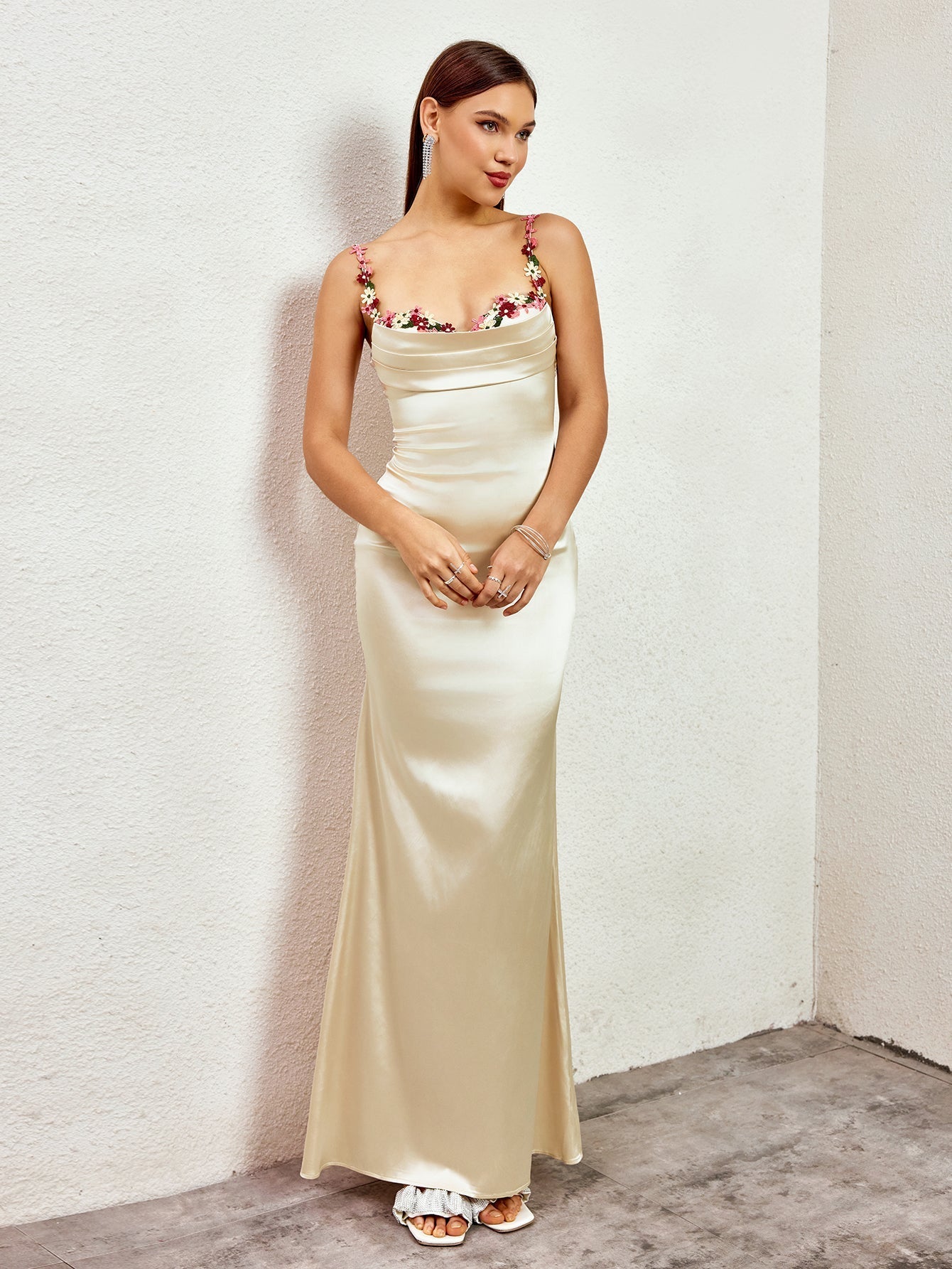 Solennea – Floral strap detail – Satin maxi dress-15146315022720-Santi Vento Atelier