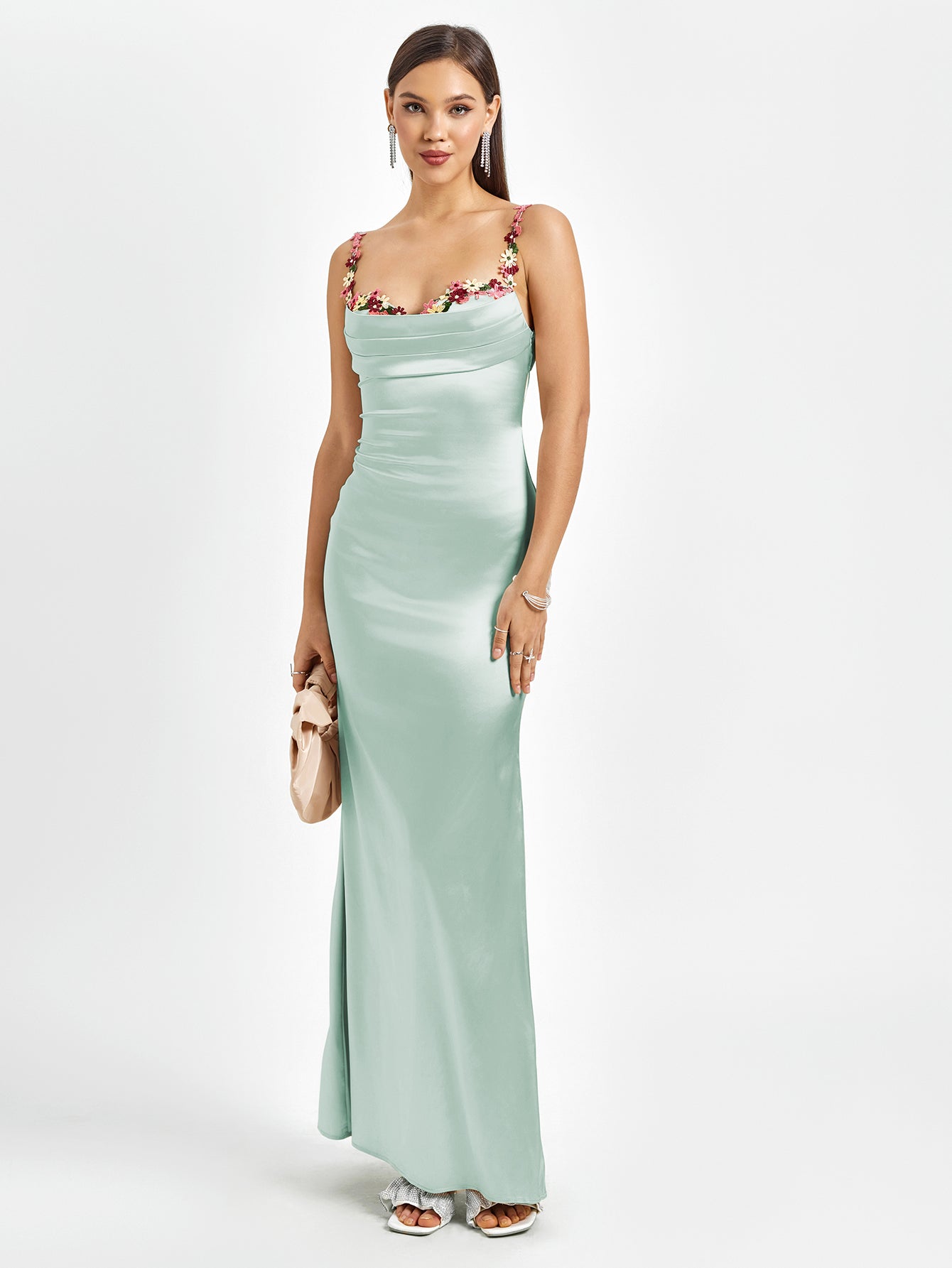 Solennea – Floral strap detail – Satin maxi dress-15146315022720-Santi Vento Atelier
