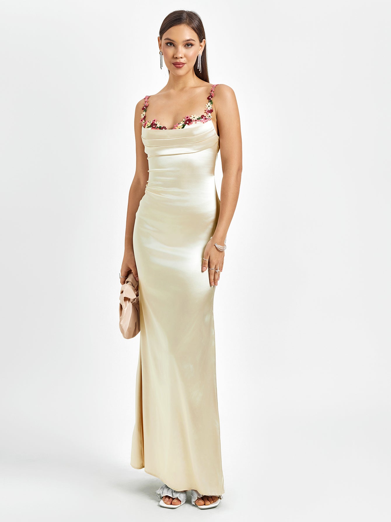 Solennea – Floral strap detail – Satin maxi dress-15146315022720-Santi Vento Atelier