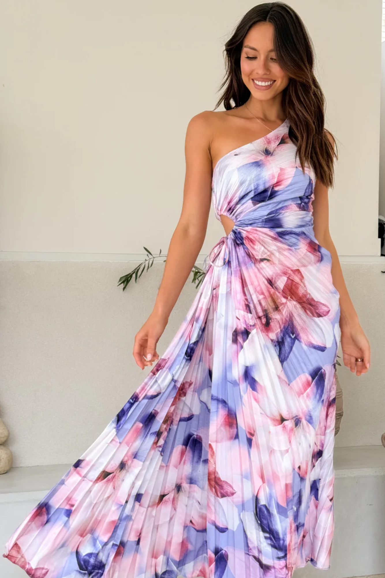 Stella - Pleated floral drape – One-shoulder maxi dress-15148418826624-Santi Vento Atelier