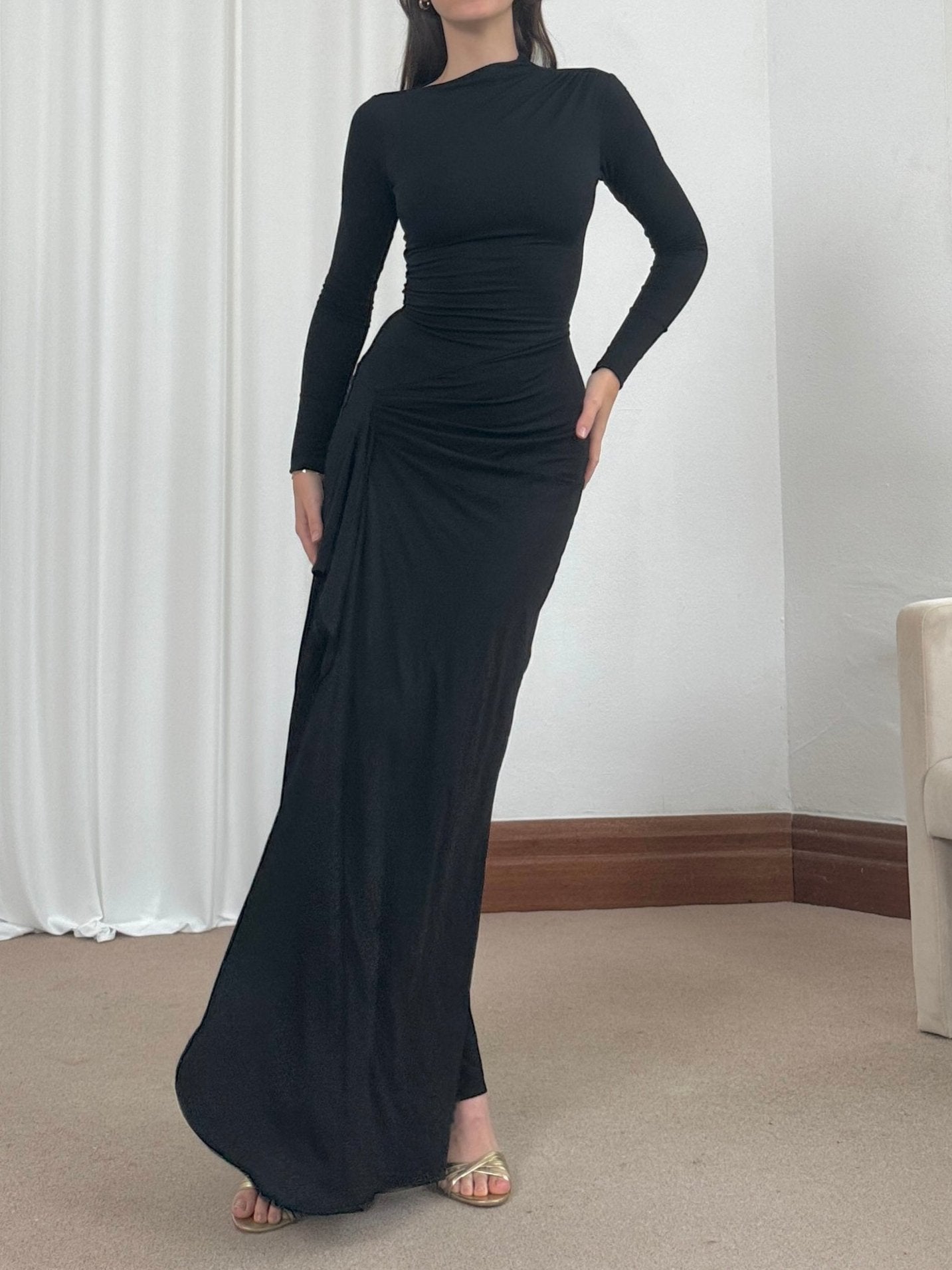 Veneta – Draped elegant stretch – Long-sleeve gown-15139743564160-Santi Vento Atelier