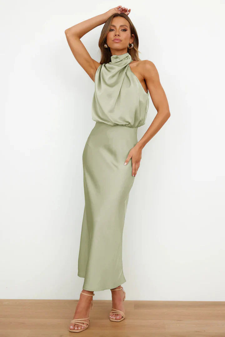 Daisy – Draped neckline – Satin midi dress-15150396932480-Santi Vento Atelier