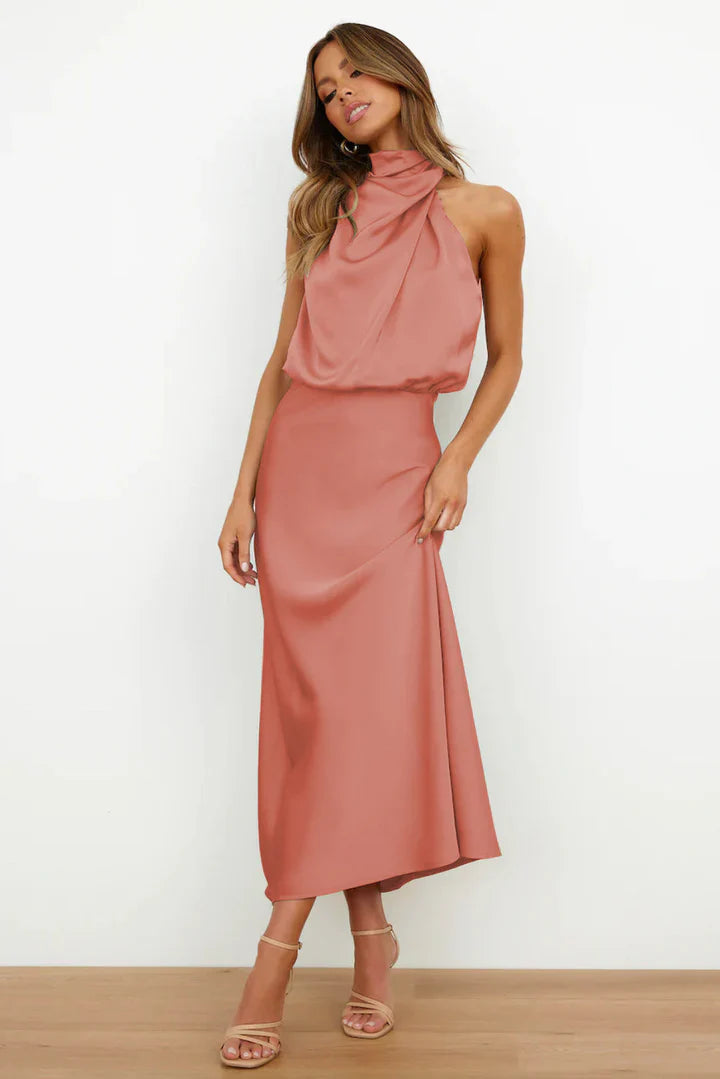Daisy – Draped neckline – Satin midi dress-15150396932480-Santi Vento Atelier