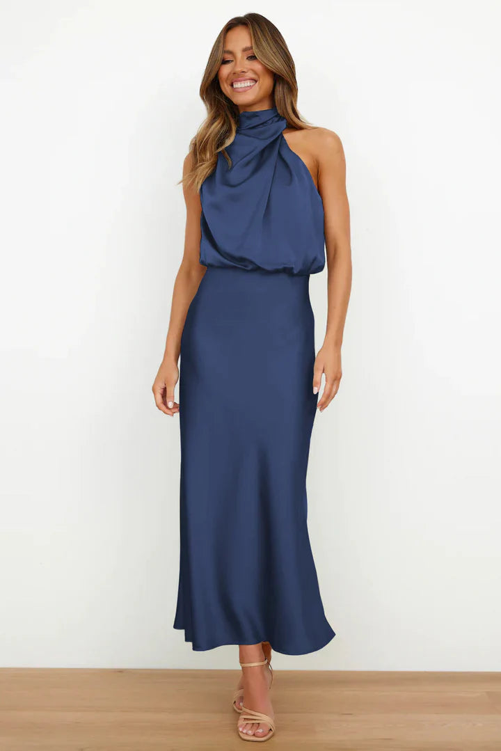 Daisy – Draped neckline – Satin midi dress-15150396932480-Santi Vento Atelier