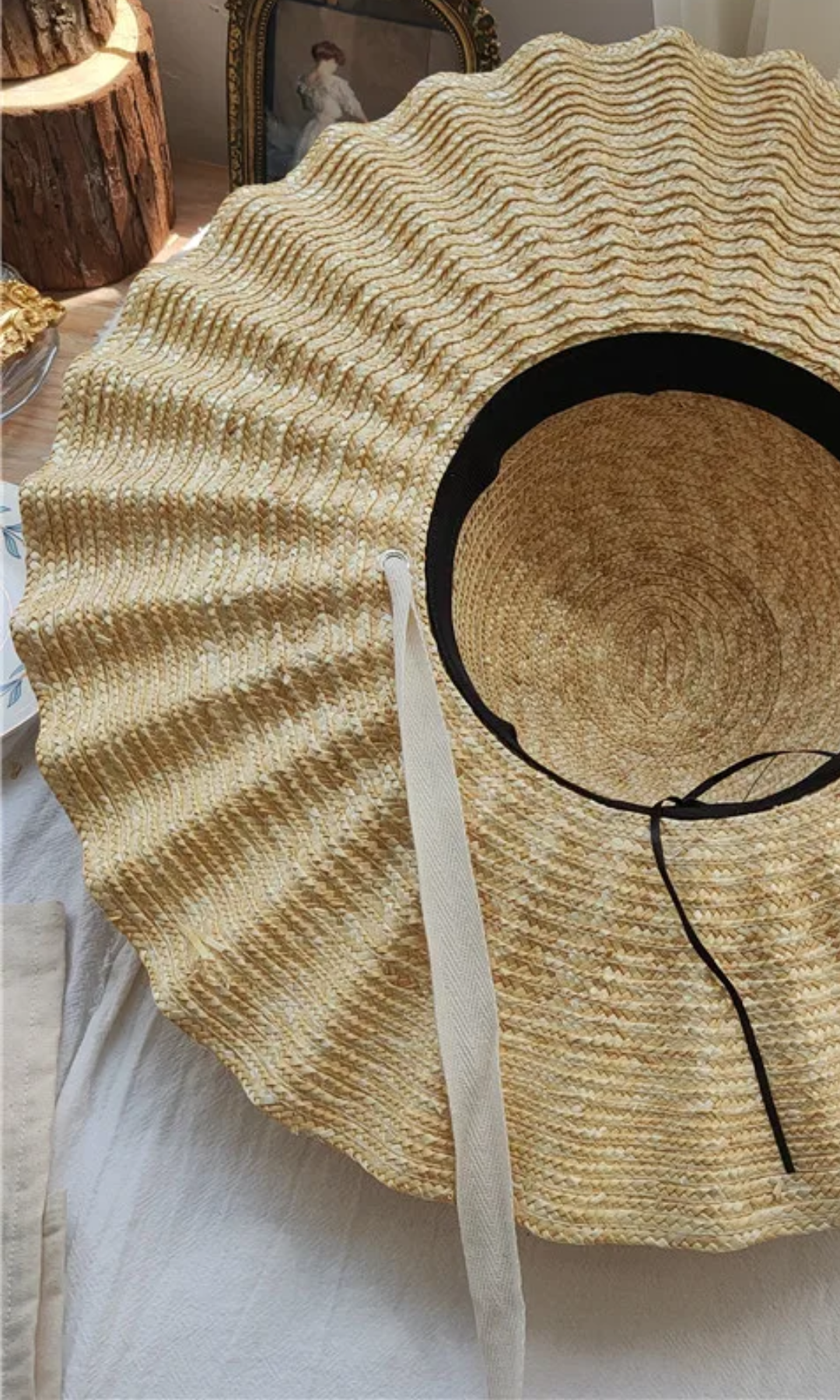 Solvienne – Scalloped ribbon tie – Straw hat-15143509229952-Santi Vento Atelier