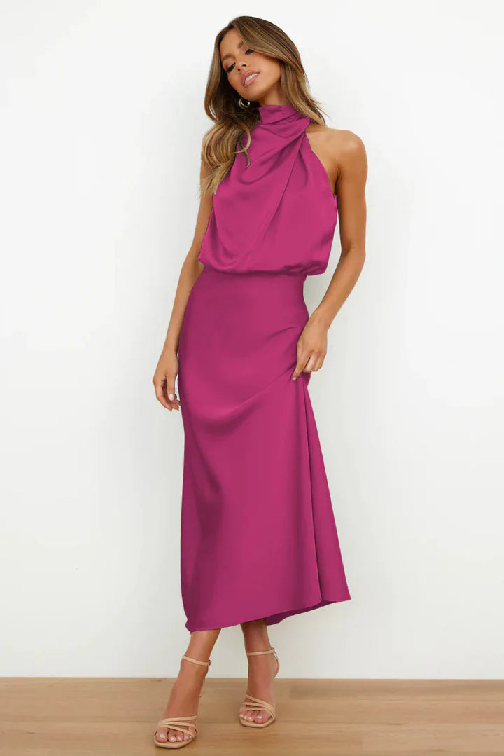 Daisy – Draped neckline – Satin midi dress-15150396932480-Santi Vento Atelier