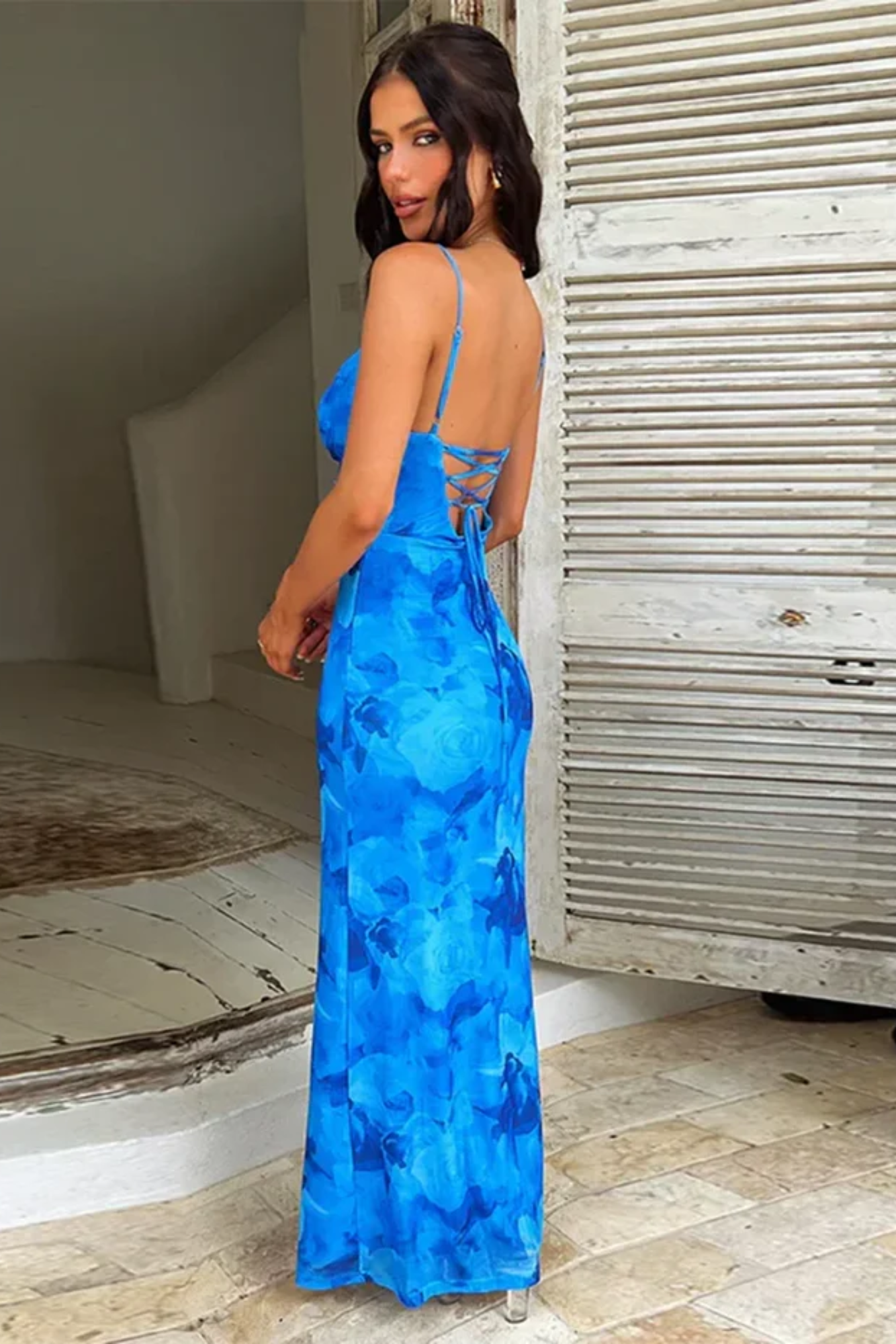 Azéline – Sapphire bloom elegance – Cowl neck maxi dress-15148418302336-Santi Vento Atelier