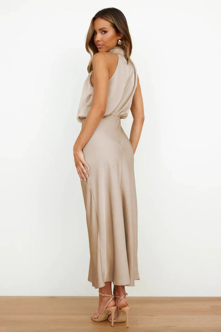 Daisy – Draped neckline – Satin midi dress-15150396932480-Santi Vento Atelier