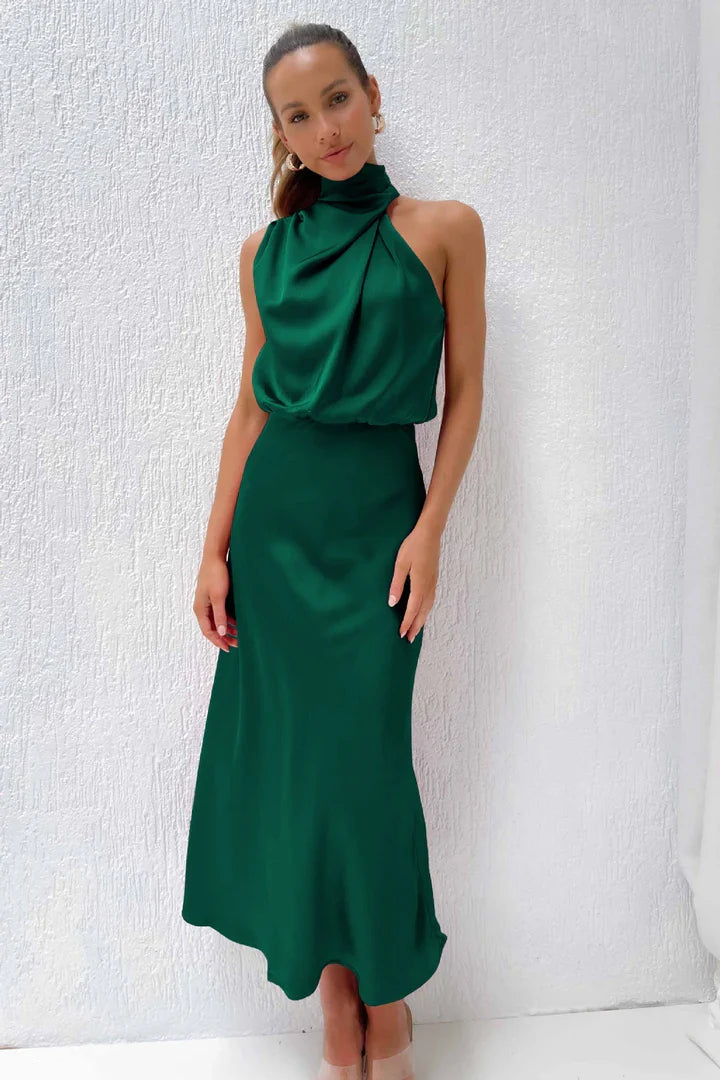 Daisy – Draped neckline – Satin midi dress-15150396932480-Santi Vento Atelier