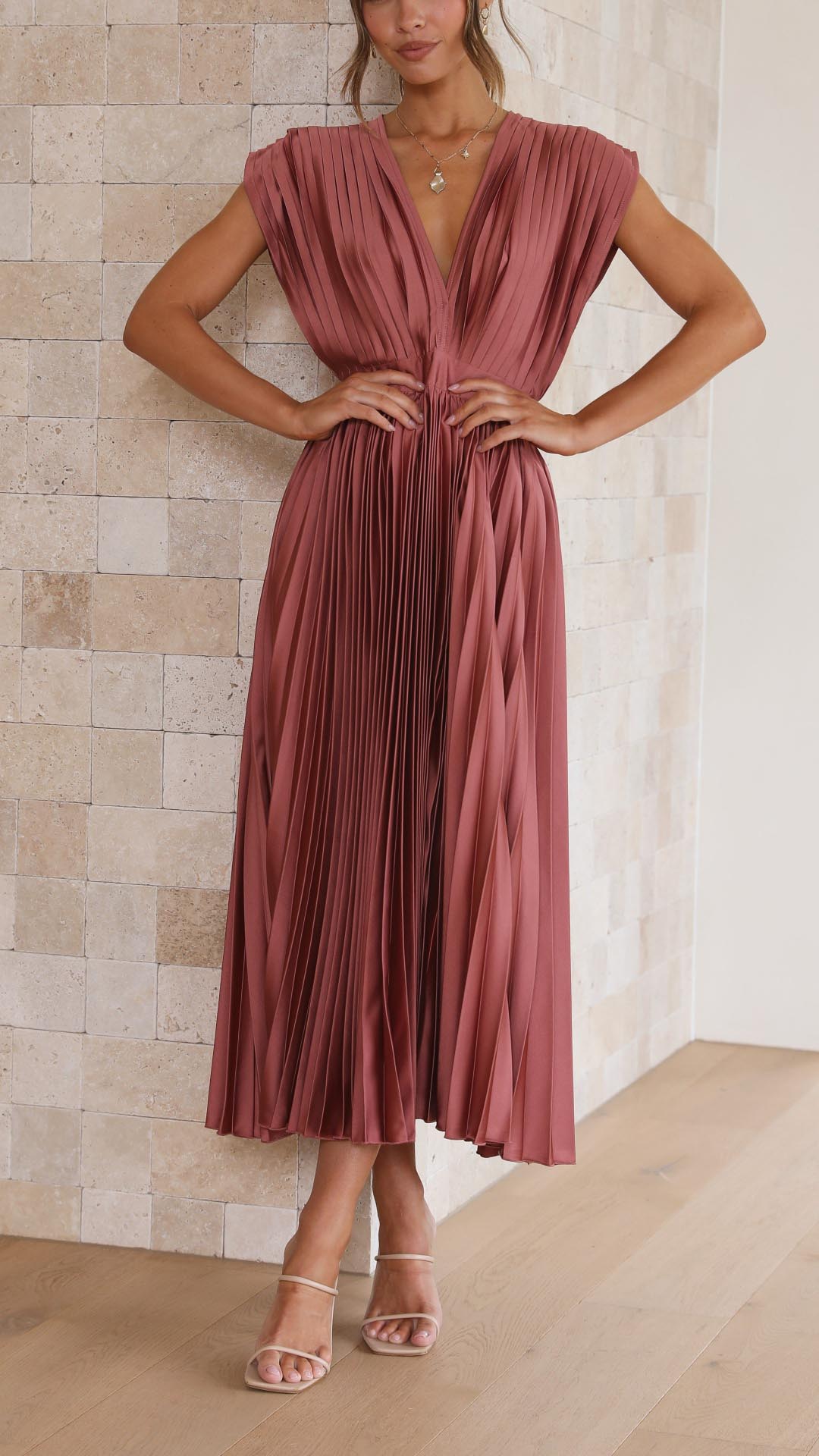 Amelisse – Pleated grace – V-neck midi dress-15151287763328-Santi Vento Atelier