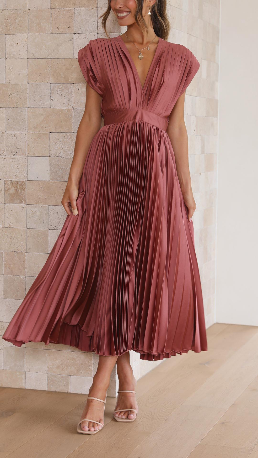 Amelisse – Pleated grace – V-neck midi dress-15151287763328-Santi Vento Atelier