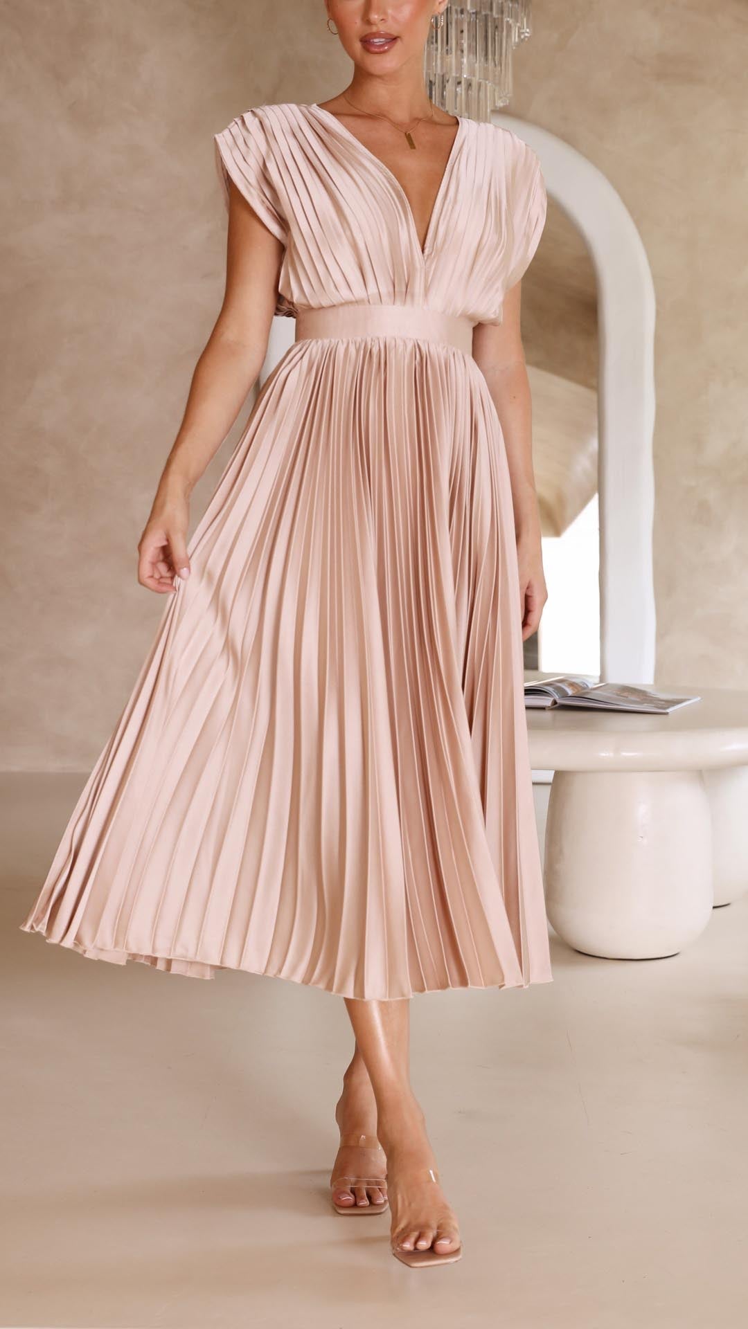 Amelisse – Pleated grace – V-neck midi dress-15151287763328-Santi Vento Atelier